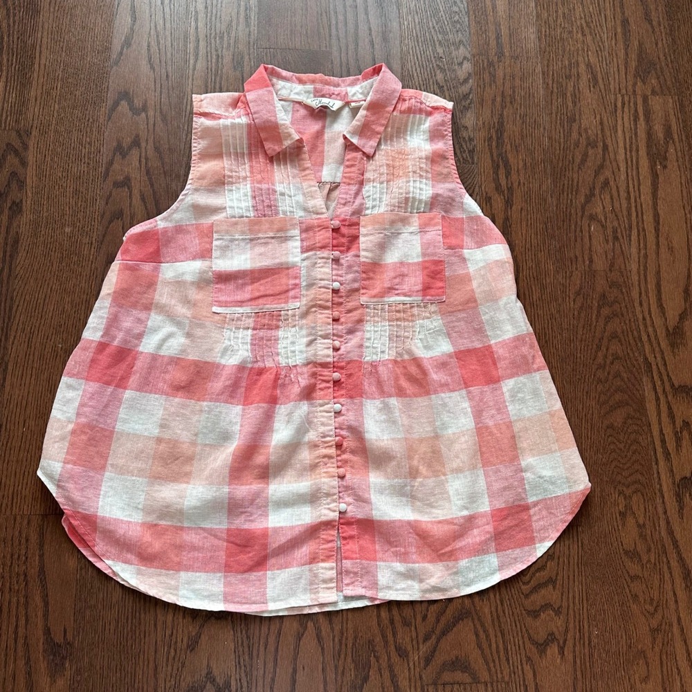 Caffe Marrakesh Pink Orange Plaid Linen Blend Sleeveless Button Down Top Large